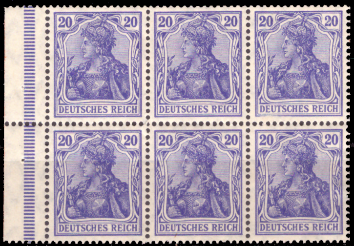 Briefmarken Deutsches Reich 1920, H-Blatt 24 d A MiNr 87 II d, 6x 20 Pfennig, Heftchenblatt 24 Germania, Ungebraucht (mit Falz)