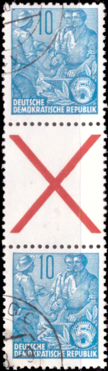 Briefmarken: DDR 1955, Mi.Nr. aus MHB 1, SZ 3 (453/x/453), Zusammendruck aus Markenheftchenbogen 1, Fünfjahrplan. Gestempelt