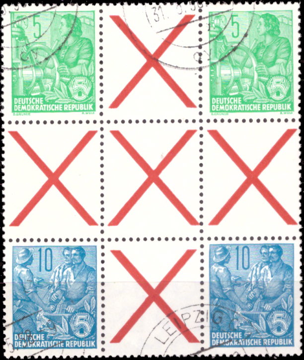 Briefmarken: DDR 1955, Mi.Nr. aus MHB 1 Hz 1 (406/x/406/xxx/453/x/453), Zusammendruck aus Markenheftchenbogen 1, Fünfjahrplan. Gestempelt