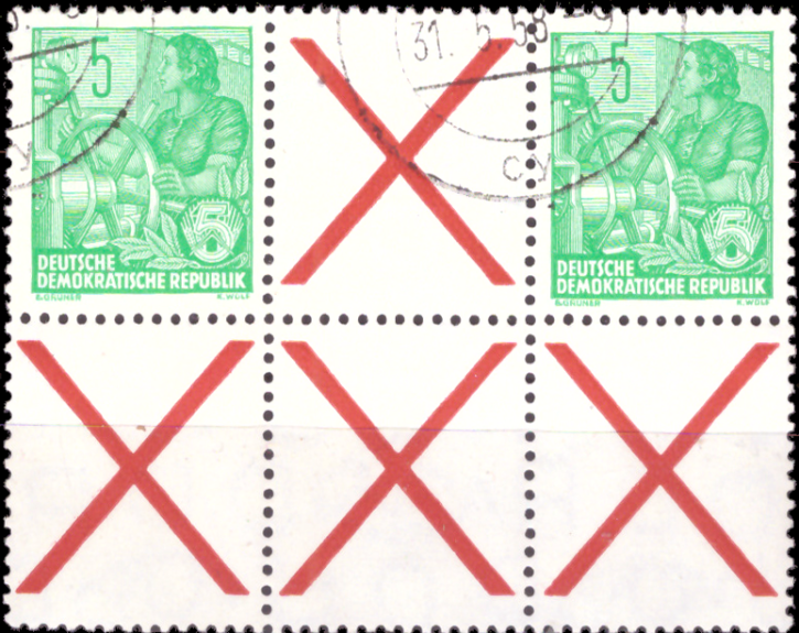 Briefmarken: DDR 1955, Mi.Nr. aus MHB 1 WZ 1 (406/x/406), Zusammendruck aus Markenheftchenbogen 1, Fünfjahrplan. Gestempelt