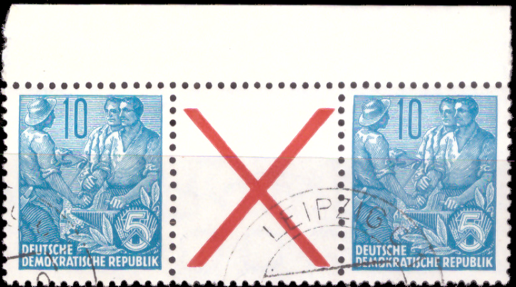 Briefmarken: DDR 1955, Mi.Nr. aus MHB 1 WZ 2 (453/x/453), Zusammendruck aus Markenheftchenbogen 1, Fünfjahrplan. Gestempelt