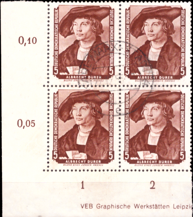 Briefmarken DDR 1955 Mi.Nr. 504 DV (Druckvermerk) 4er Block, Gestempelt
