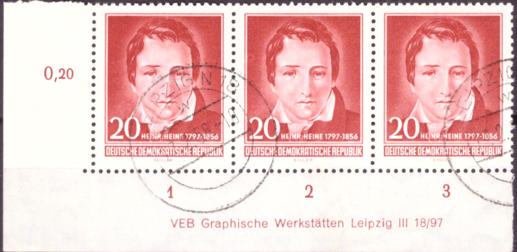 Briefmarken: DDR 1956, Mi.Nr. 517 DV (Druckvermerk), Heinrich Heine, EST Gestempelt