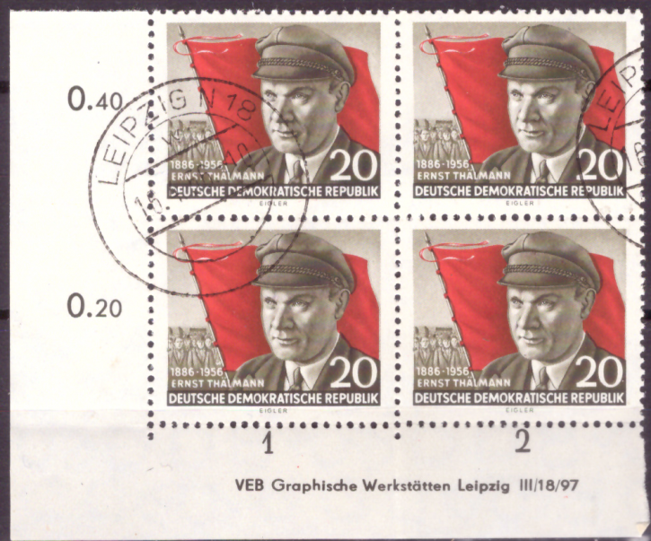 Briefmarken DDR 1956, Mi.Nr. 520A DV (Druckvermerk) Viererblock, Ernst Thälmann, EST Gestempelt