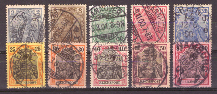 Briefmarken Deutsches Reich 1900, Mi.Nr. 53-62, Germania-Ausgabe (I), Inschrift "Reichspost", Gestempelt