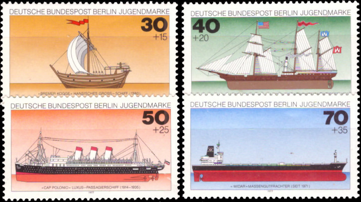 Briefmarken Berlin 1977, Mi.Nr. 544-547, Jugend: Deutsche Schiffe. Postfrisch
