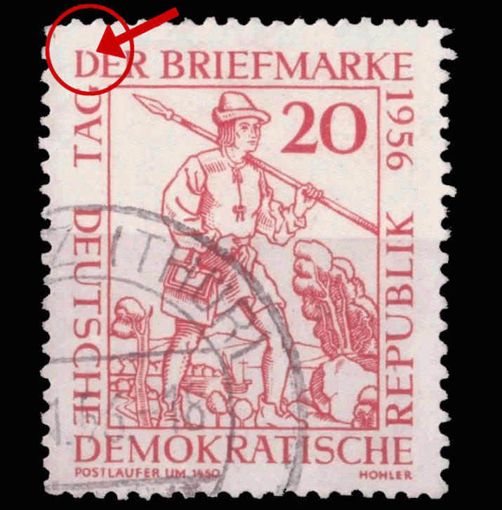 Briefmarken: DDR 1956, Mi.Nr. 544 II, Plattenfehler "D" von "DER" oben offen, Tag der Briefmarke, Gestempelt