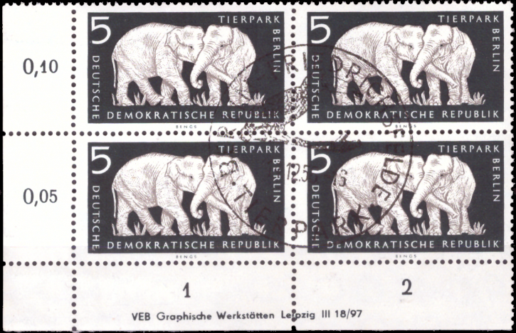 Briefmarken: DDR 1956, Mi.Nr. 551 DV (mit Druckvermerk) Viererblock, Tierpark Berlin, ESST Gestempelt