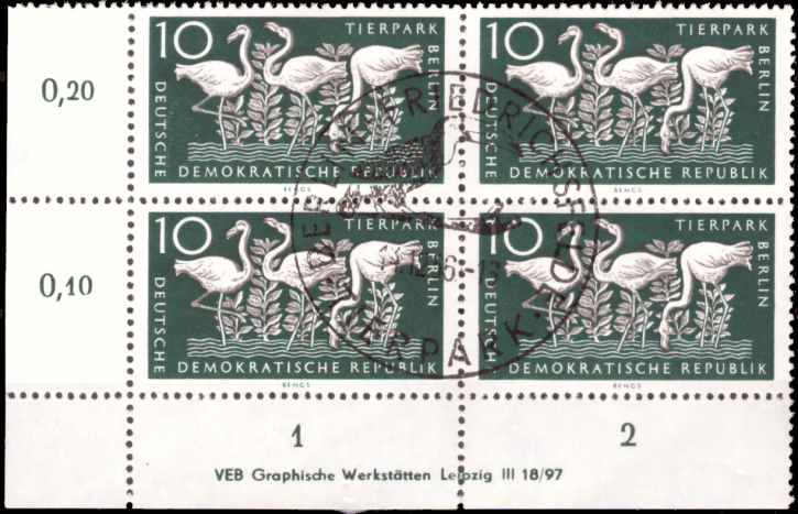 Briefmarken: DDR 1956, Mi.Nr. 552 DV (mit Druckvermerk) Viererblock, Tierpark Berlin, ESST Gestempelt
