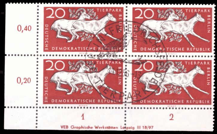 Briefmarken: DDR 1956, Mi.Nr. 554 DV (mit Druckvermerk) Viererblock, Tierpark Berlin, ESST Gestempelt