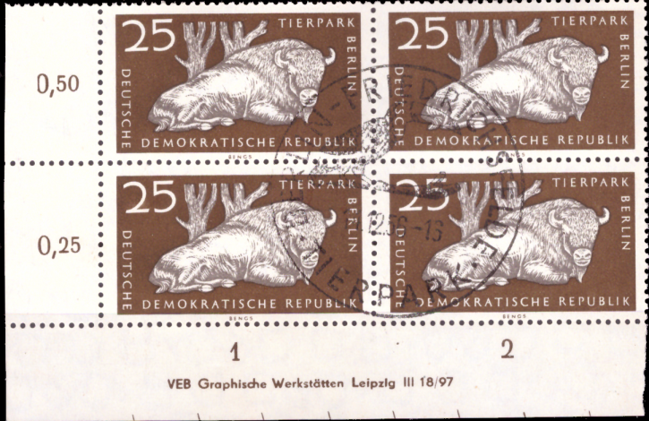 Briefmarken: DDR 1956, Mi.Nr. 555 DV (mit Druckvermerk) Viererblock, Tierpark Berlin, ESST Gestempelt