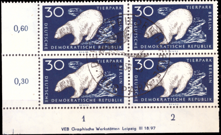 Briefmarken: DDR 1956, Mi.Nr. 556 DV (mit Druckvermerk) Viererblock, Tierpark Berlin, ESST Gestempelt
