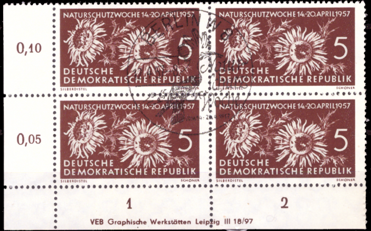 Briefmarken: DDR 1957, Mi. Nr. 561 DV (Druckvermerk) Viererblock, Naturschutzwoche ESST Gestempelt
