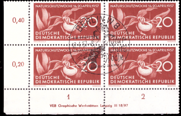 Briefmarken: DDR 1957, Mi. Nr. 563 DV (Druckvermerk) Viererblock, Naturschutzwoche ESST Gestempelt