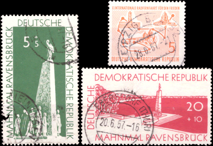 Briefmarken: DDR 1957, Mi. Nr. 566-567, 568, Gedenkstätten, Int. Radfernfahrt. Gestempelt
