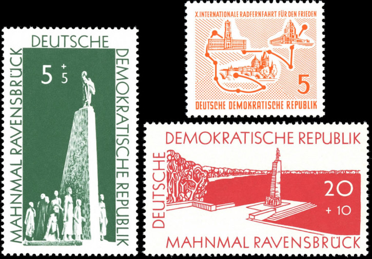 Briefmarken: DDR 1957, Mi. Nr. 566-567, 568, Gedenkstätten, Int. Radfernfahrt. Postfrisch