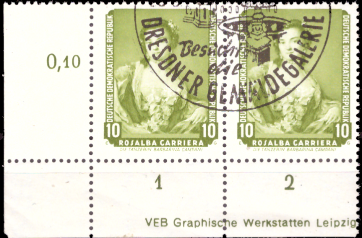 Briefmarken DDR 1957, Mi.Nr. 587 DV (Druckvermerk), Dresdener Gemäldegalerie II, Esst Gestempelt