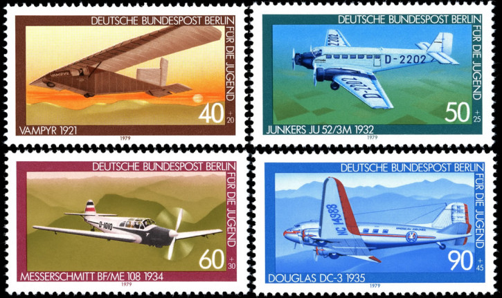 Briefmarken Berlin 1979, Mi.Nr. 592-595, Jugend: Luftfahrt. Postfrisch