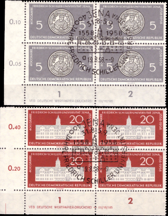 Briefmarken DDR 1958, Mi.Nr. 647 DV-648  DV (Druckvermerk), Schiller-Universität Jena, Ersttagssonderstempel Gestempelt