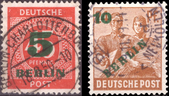 Briefmarken Berlin 1949 Mi.Nr. 64-65, dunkelgrüner Bdr.-Aufdruck, Gestempelt