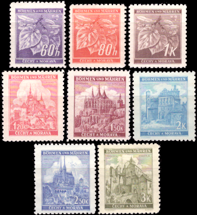Briefmarken Böhmen und Mähren 1941, Mi.Nr. 65-72, Freimarken: Lindenzweig und Landschaften, Postfrisch
