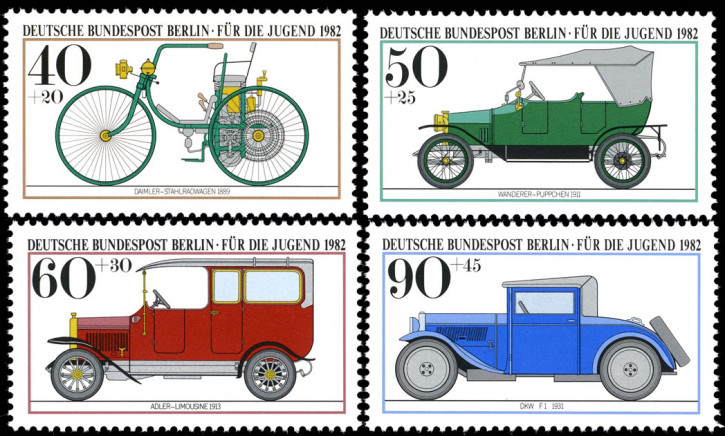 Briefmarken Berlin 1982, Mi.Nr. 660-663, Jugend: Historische Kraftfahrzeuge. Postfrisch