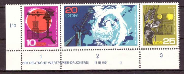 Briefmarken DDR 1968, Mi. Nr. 1343-1345 (WZd189) mit Druckvermerk, Meteorologie, Postfrisch