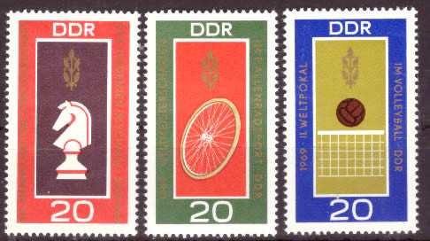 Briefmarken DDR 1969, Mi. Nr. 1491-1493, Schach-, Radsport-, Volleyball-WM. Postfrisch