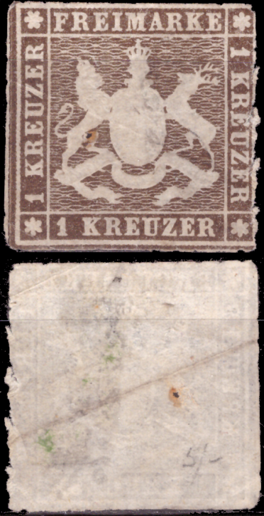 Briefmarken Altdeutschland Württemberg 1857, Mi. Nr. 6, Wappen, Gestempelt