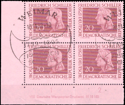 Briefmarken DDR 1959, Mi.Nr. 734 DV, Friedrich Schiller. Ersttagssonderstempel Gestempelt