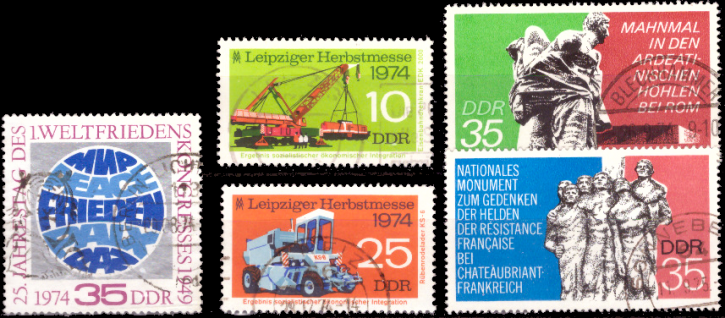 Briefmarken: DDR 1974, MiNr. 1946, 1973-1974, 1981-1982. Gestempelt