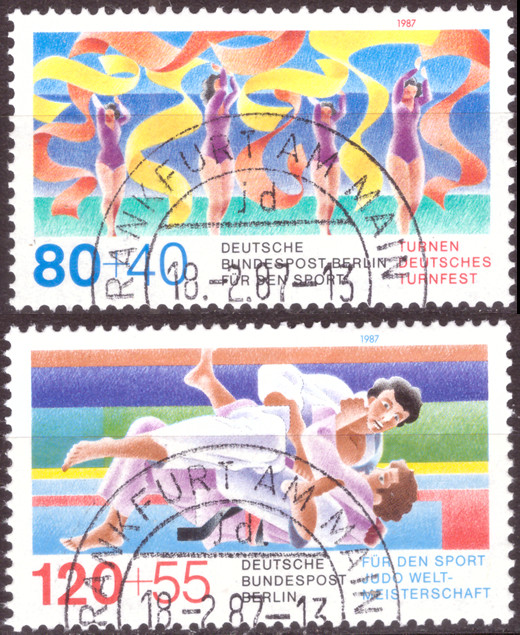 Briefmarken Berlin 1987, Mi.Nr. 777-778, Sporthilfe: Deutsches Turnfest, Berlin; Judo-Weltmeisterschaften, Essen. Gestempelt