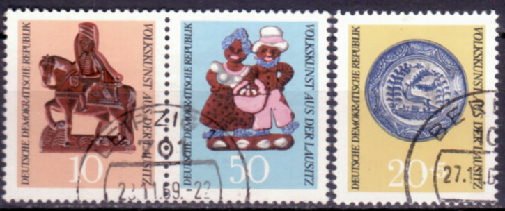 Briefmarken DDR 1969, Mi. Nr. Paar 1521-1523 (WZd210) + 1522, Volkskunst aus der Lausitz. Gestempelt