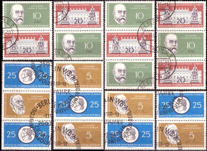 Briefmarken DDR 1960, Mi.Nr. 795-798 (S Zd 12 - S Zd 19) alle 8 möglichen Varianten, Charité und Humboldt-Universität, Gestempelt