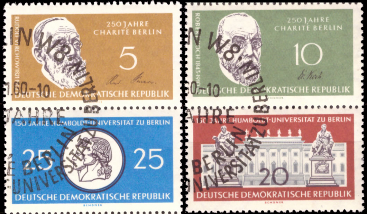 Briefmarken DDR 1960, Mi.Nr. 795/798 (S Zd 12) und 796/797 (S Zd 13), Charité und Humboldt-Universität, Gestempelt