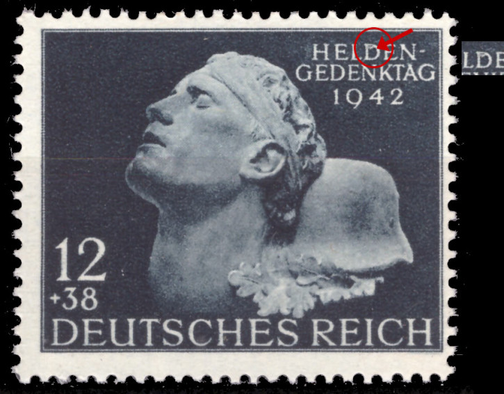 Deutsches Reich 1942, Mi.Nr.812 I f43, Plattenfehler I Feld 43, "D" von "HELDEN" oben mit Strich, Postfrisch
