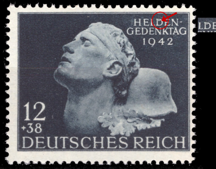 Briefmarken Deutsches Reich 1942, Mi.Nr. 812 I, Plattenfehler Feld 43, "D" in "HELDEN" mit Winkel, Postfrisch