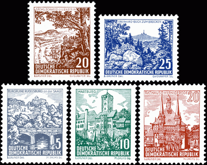 DDR 1961, Mi.Nr. 815-816, 835-837, Dauermarken Landschaften und Bauten I und II, Postfrisch