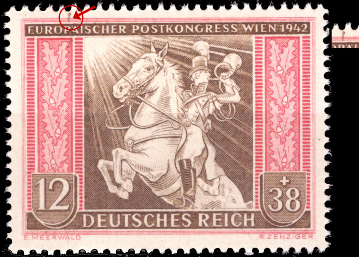 Deutsches Reich 1942, Mi.Nr.822 I f13, Plattenfehler I Feld 13, brauner Strich über "P", Postfrisch