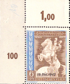 Briefmarken: Deutsches Reich 1942 Mi.Nr. 823 BE ol, Bogenecke oben links, Fernmeldeverein, Postfrisch