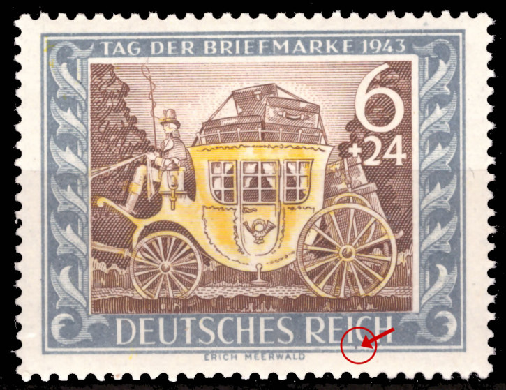 Deutsches Reich 1943, Mi.Nr. 828III f49 Plattenfehler "weiße Randlinie gebrochen", Tag der Briefmarke, Postfrisch