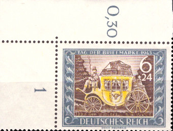 Briefmarken: Deutsches Reich 1943 Mi.Nr. 828 BE ol, Bogenecke oben links, Tag der Briefmarke, Postfrisch