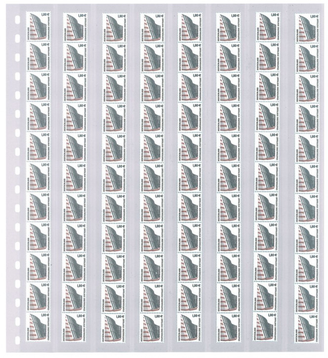 Lindner Klarsichthülle mit 8 senkrechten Streifen (28 x 296 mm) für Rollenmarkenstreifen, mit schwarzem Zwischenblatt, 10er-Packung