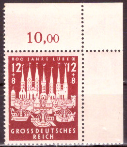 Briefmarken: Deutsches Reich 1943 Mi.Nr. 862 BE or, Bogenecke oben rechts, Lübeck, Postfrisch