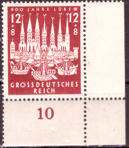 Briefmarken: Deutsches Reich 1943 Mi.Nr. 862 BE ur, Bogenecke unten rechts, Lübeck, Postfrisch