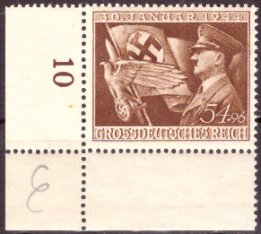 Briefmarken: Deutsches Reich 1944, Mi.Nr. 865 BE ul, Bogenecke unten links, Jahrestag, Postfrisch