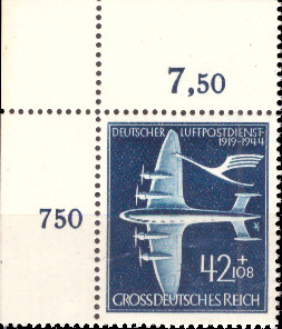Briefmarken: Deutsches Reich 1944, Mi.Nr. 868 BE ol, Bogenecke oben links, Luftpostdienst, Postfrisch