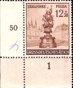 Briefmarken: Deutsches Reich 1944, Mi.Nr. 886 BE ul, Bogenecke unten links, Fulda, Postfrisch
