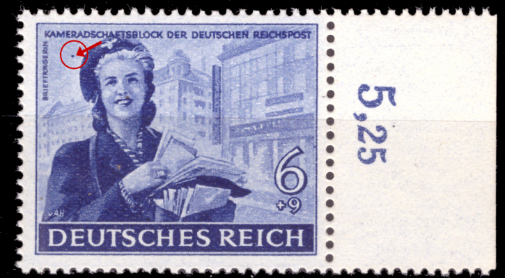 Briefmarken Deutsches Reich 1944, Mi.Nr.888 VIII, Plattenfehler Feld 35, Punkt links neben der Mütze, Postfrisch