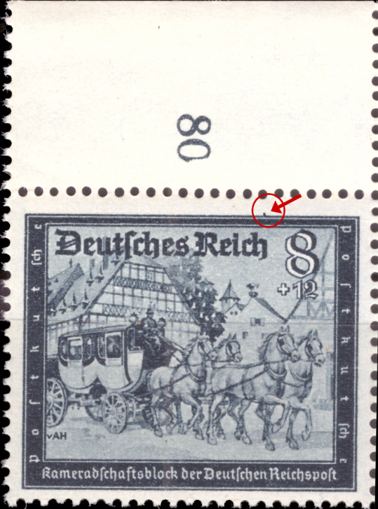 Briefmarken Deutsches Reich 1944, Mi.Nr. 889 IV, Plattenfehler Feld 4, kurzer senkr. Strich auf oberem Rahmen über "h" von "Reich", Postfrisch